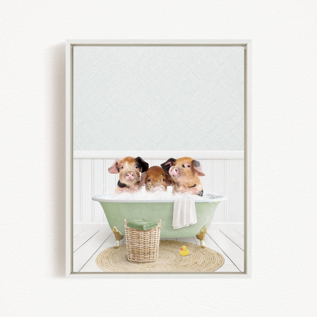 Three adorable pigs sitting in a green bathtub, enjoying a relaxing bath together.