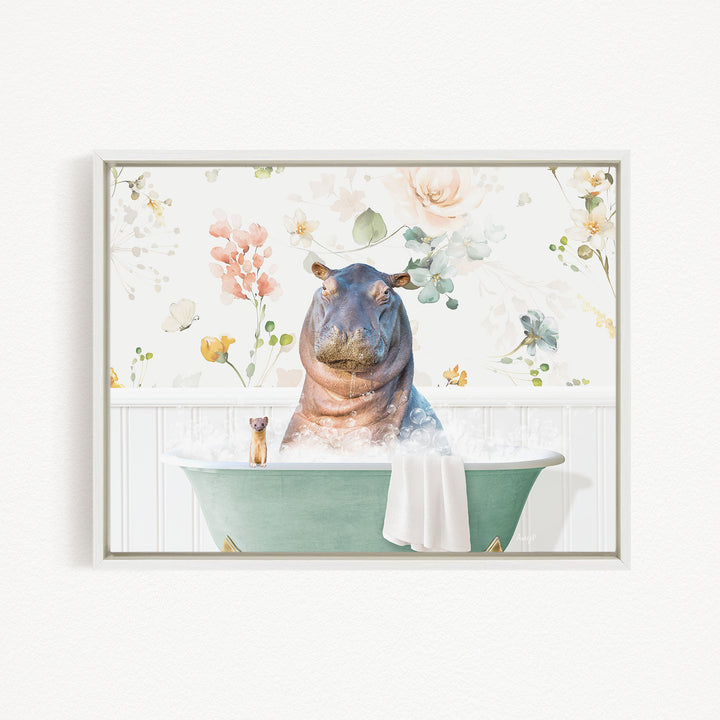 A hippopotamus sitting in a bathtub filled with water, surrounded by flowers and other decorative elements.