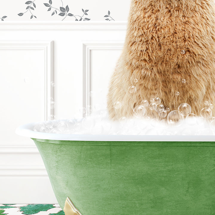 a dog sitting in a bathtub full of bubbles