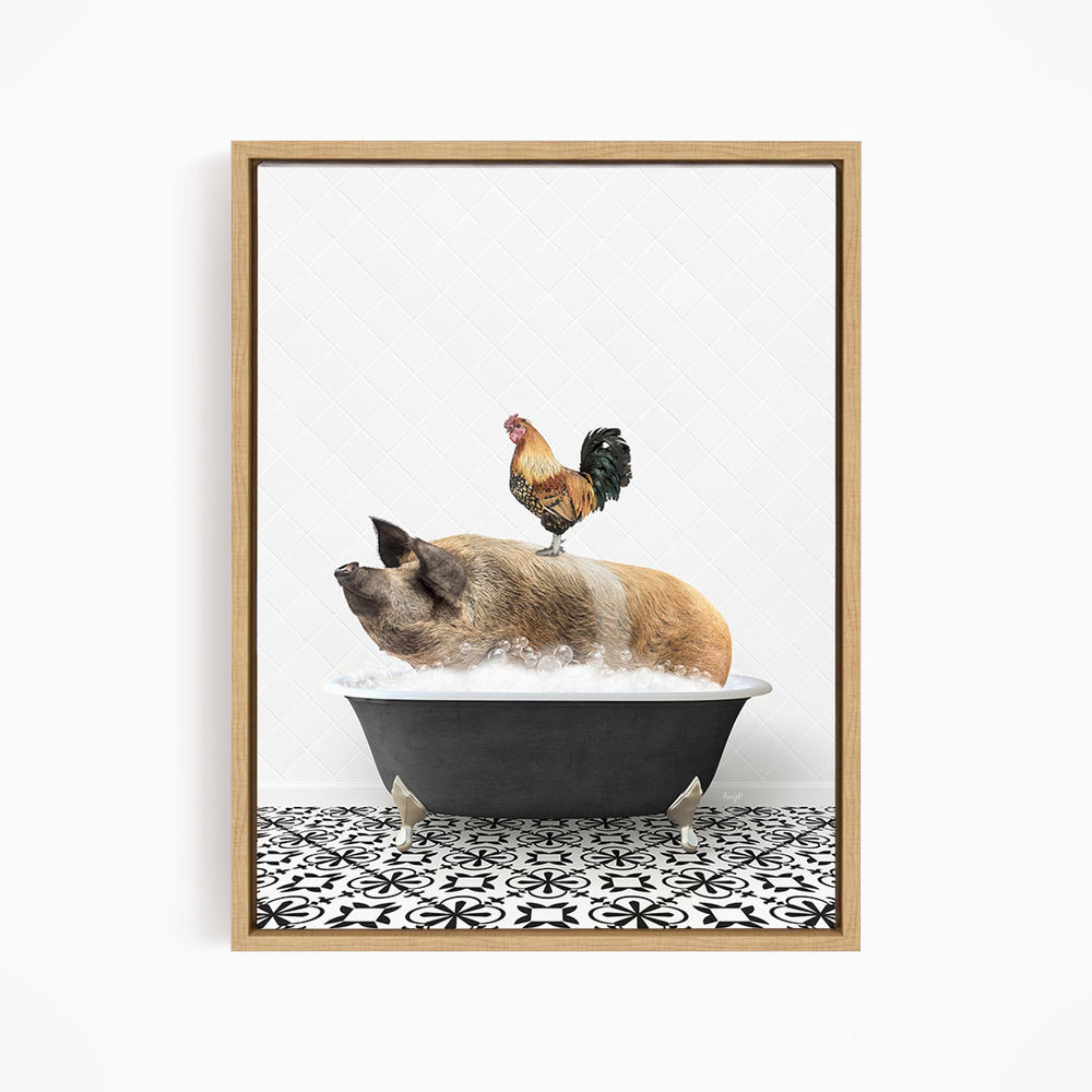 A rooster sits atop a pig in a bathtub, creating a whimsical and humorous scene.