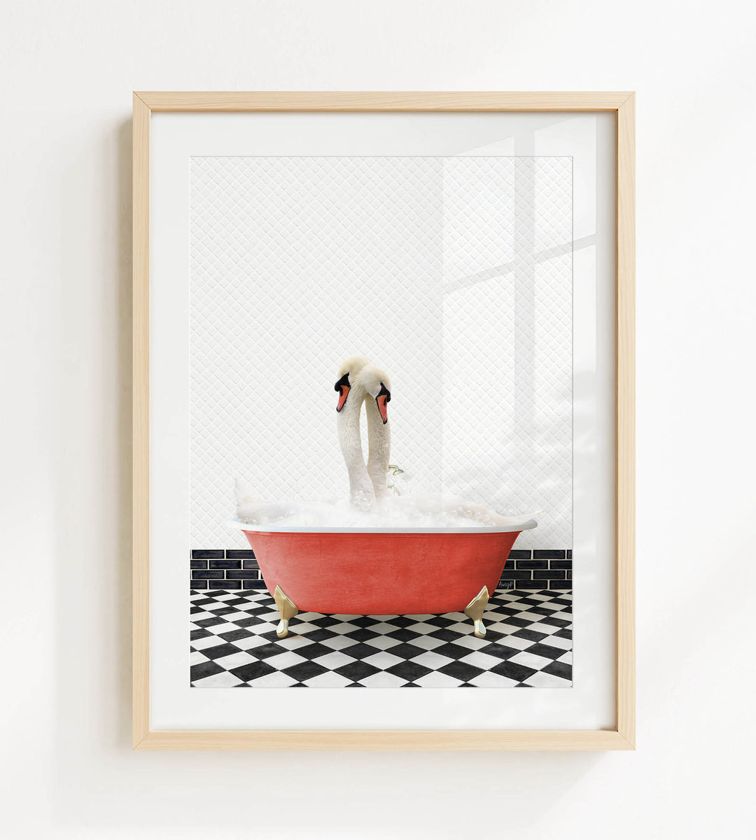 A white swan standing in a red bathtub filled with water, with a black and white checkered floor in the background.