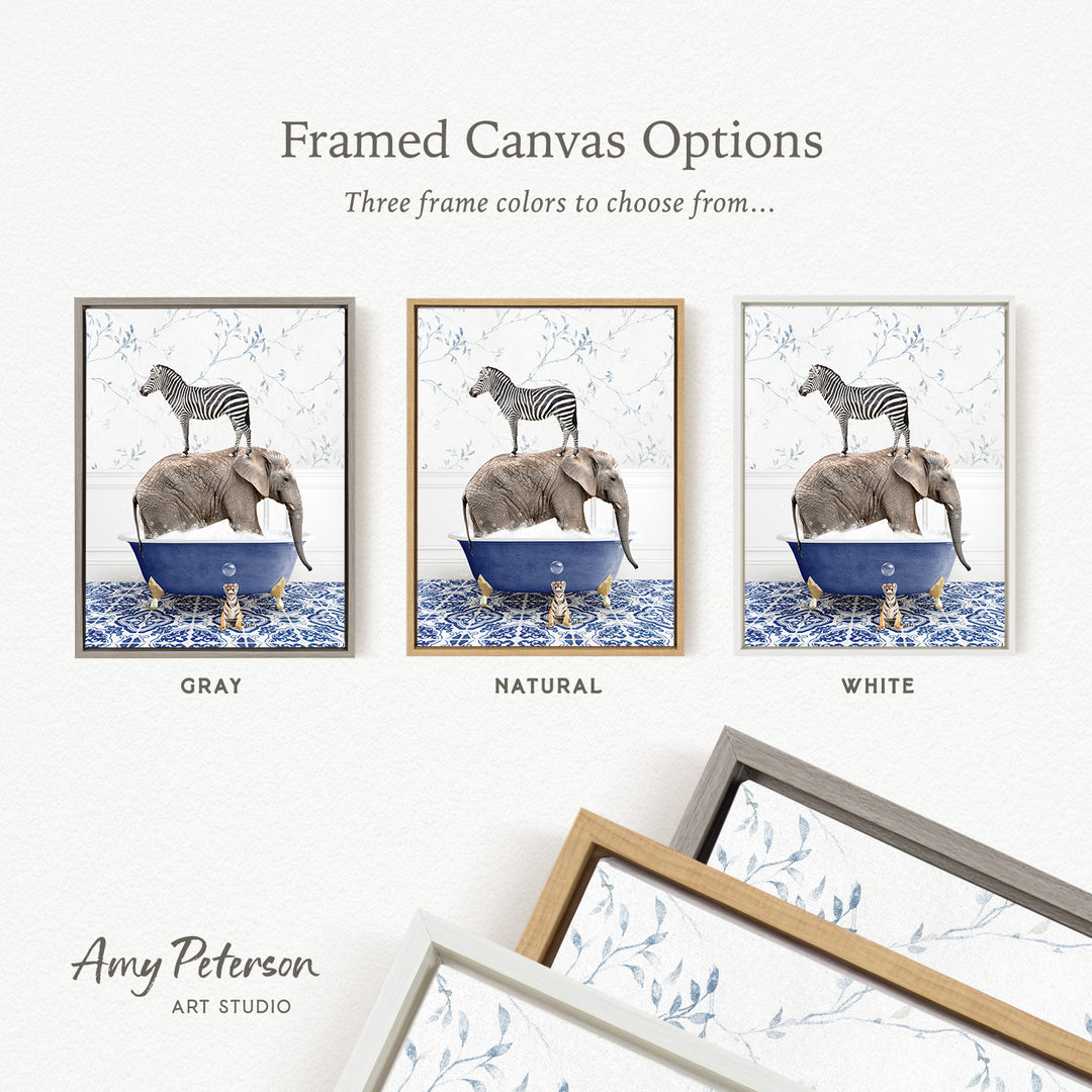 three framed canvas options featuring a zebra standing on an elephant in a bathtub, with each option having a different frame color: gray, natural, and white.