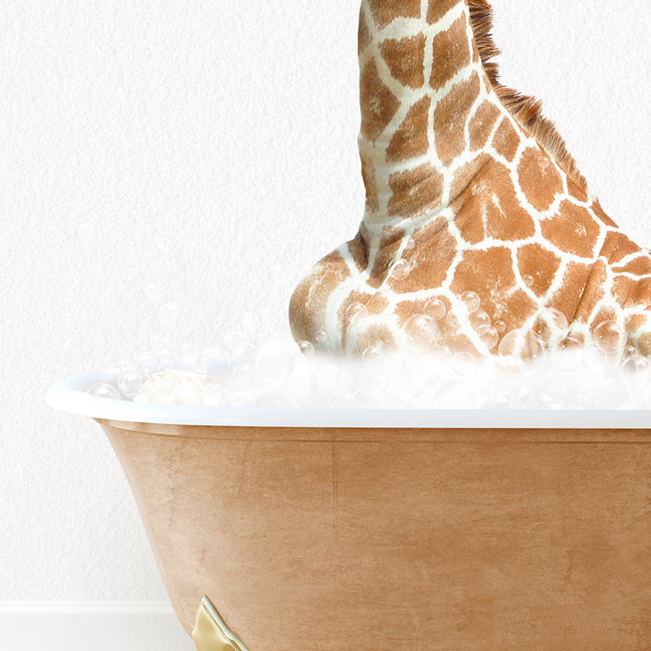 a giraffe sticking its head in a bathtub