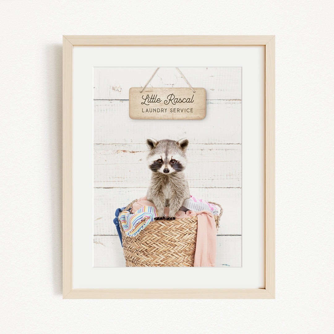 A raccoon sitting in a woven laundry basket, with a sign above that reads "Little Racal Laundry Service".