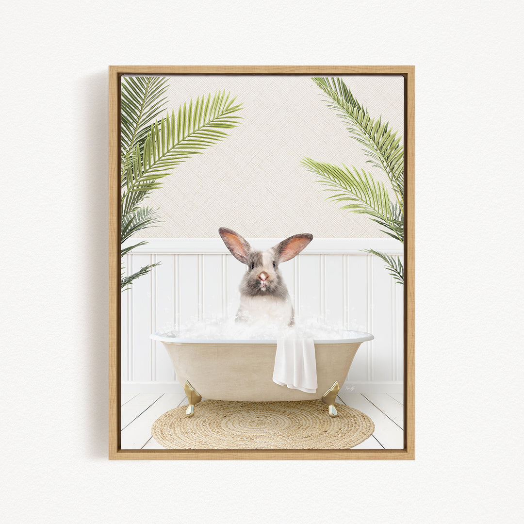 A rabbit sitting in a bathtub filled with water, surrounded by palm leaves, creating a whimsical and relaxing scene.