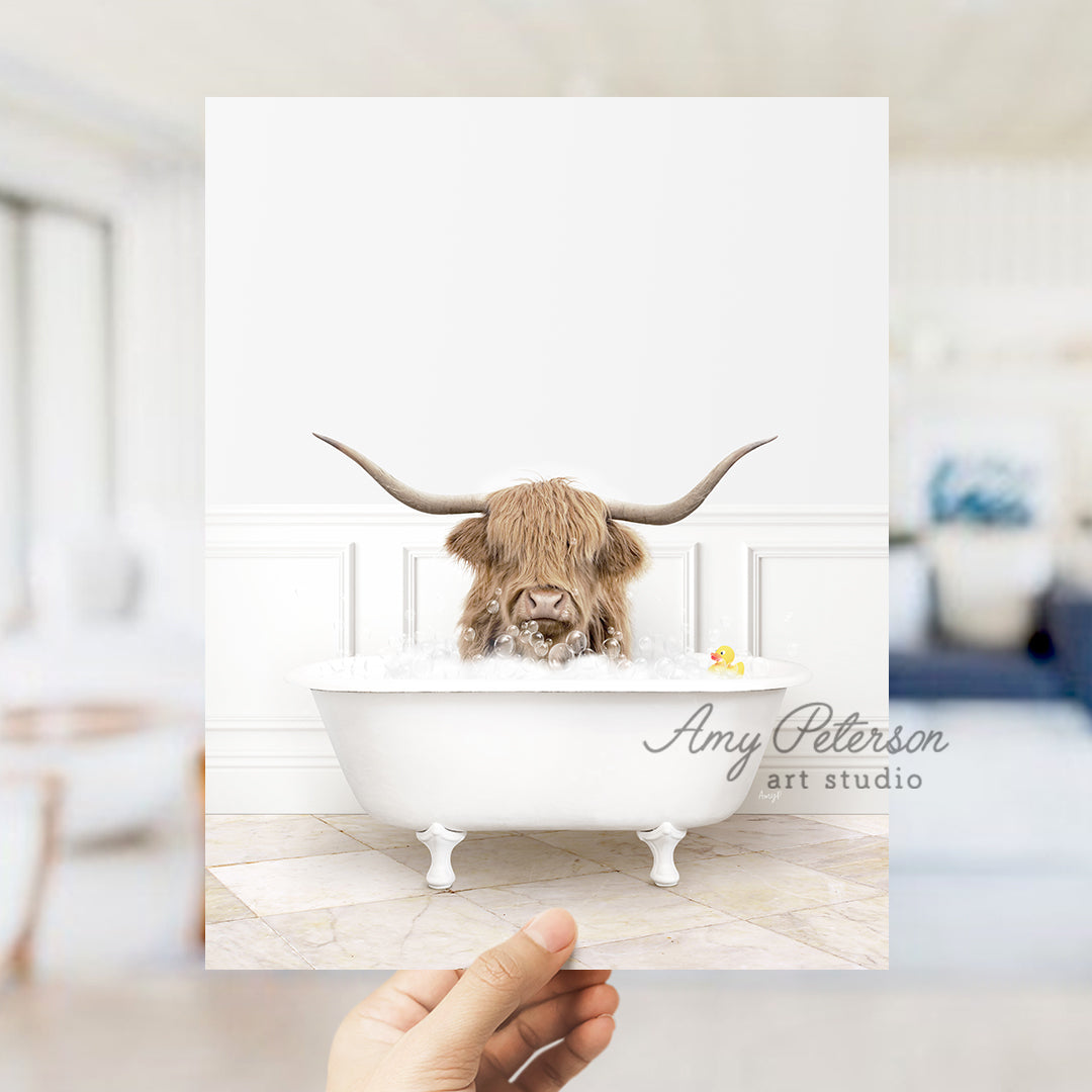 a person holding up a card with a picture of a bull in a bathtub