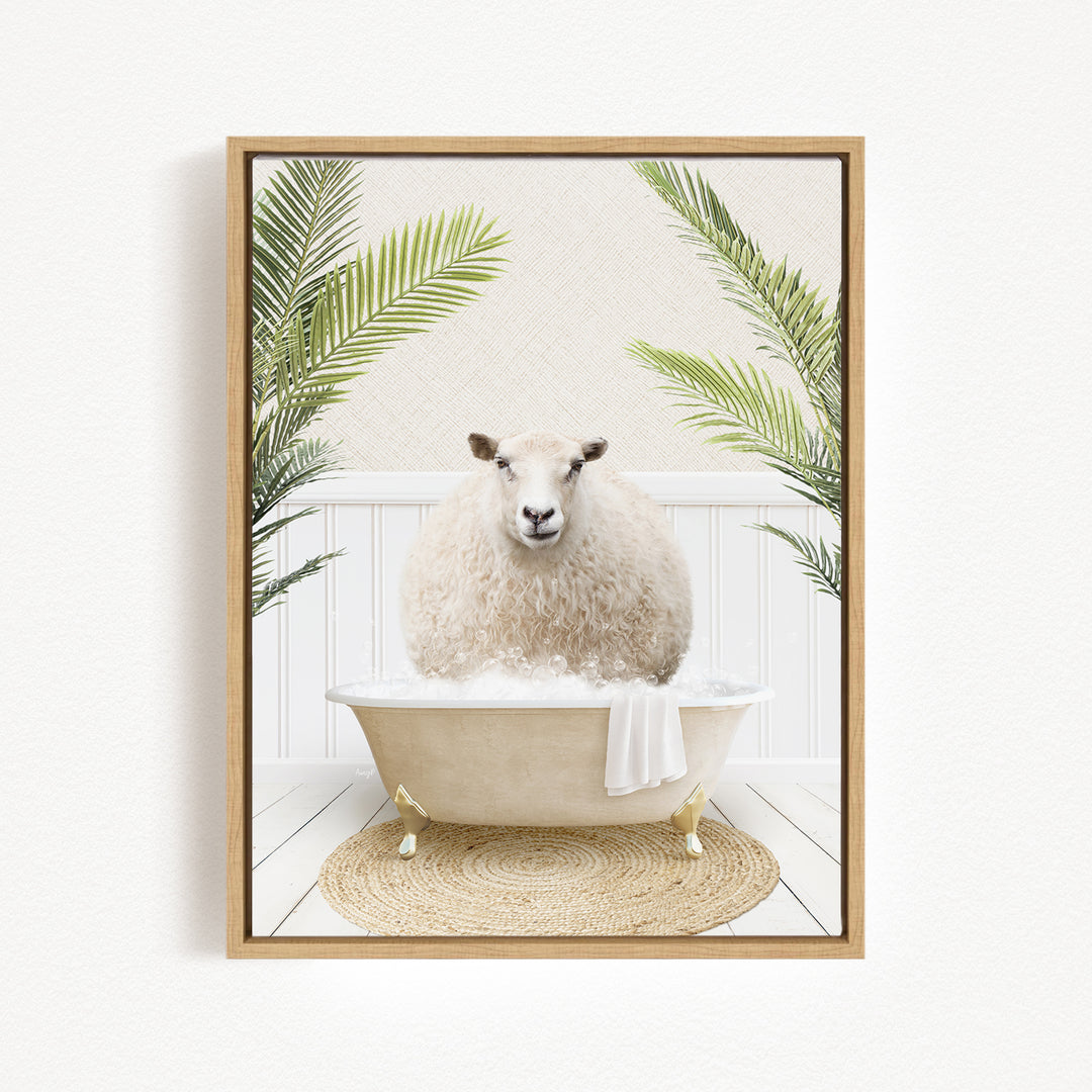 A fluffy white sheep sits in a bathtub filled with bubbles, surrounded by lush green palm fronds.