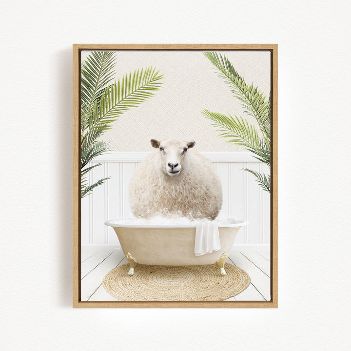 A fluffy white sheep sits in a bathtub filled with bubbles, surrounded by lush green palm fronds.