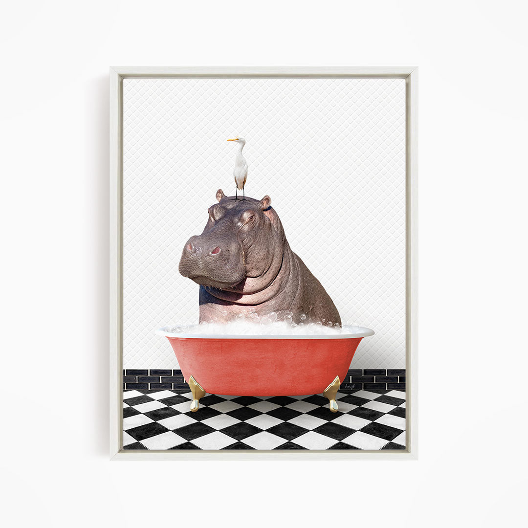A large hippopotamus is sitting in a red bathtub, with a seagull perched on its head.