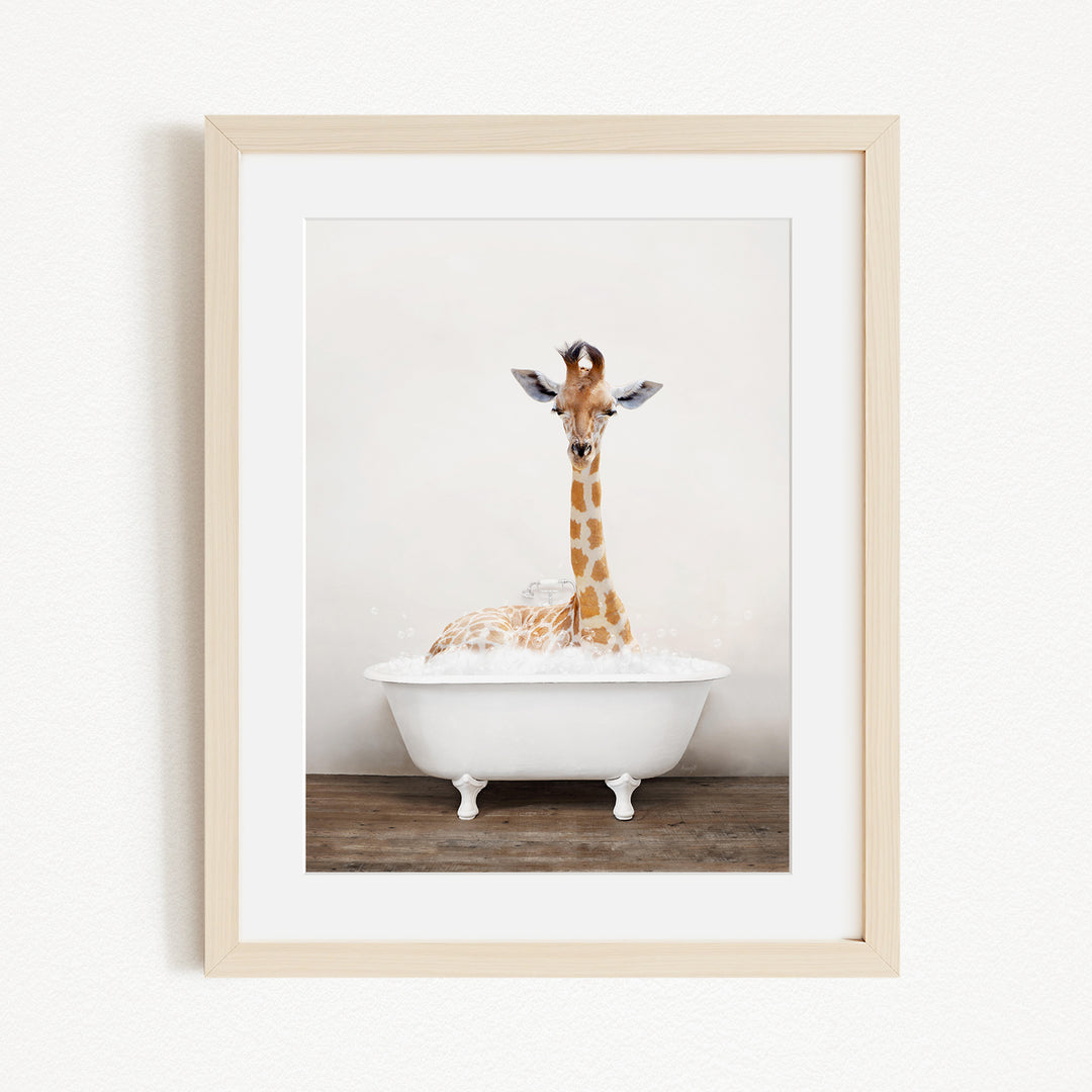 A giraffe sitting in a white bathtub filled with water, creating a whimsical and playful scene.