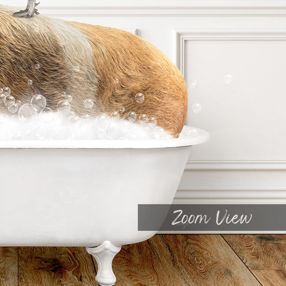 A dog is taking a bath in a white bathtub filled with bubbles, with a wooden floor visible in the background.