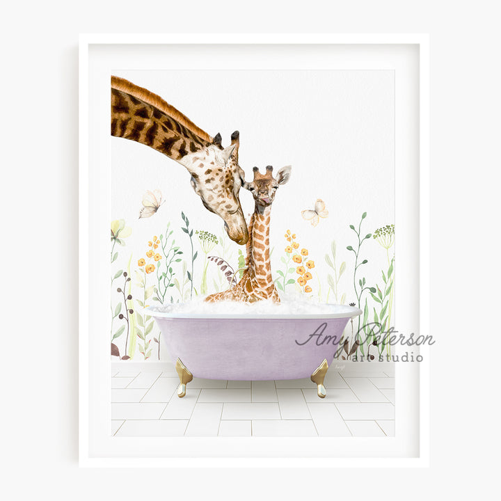 a giraffe and a baby giraffe in a bathtub