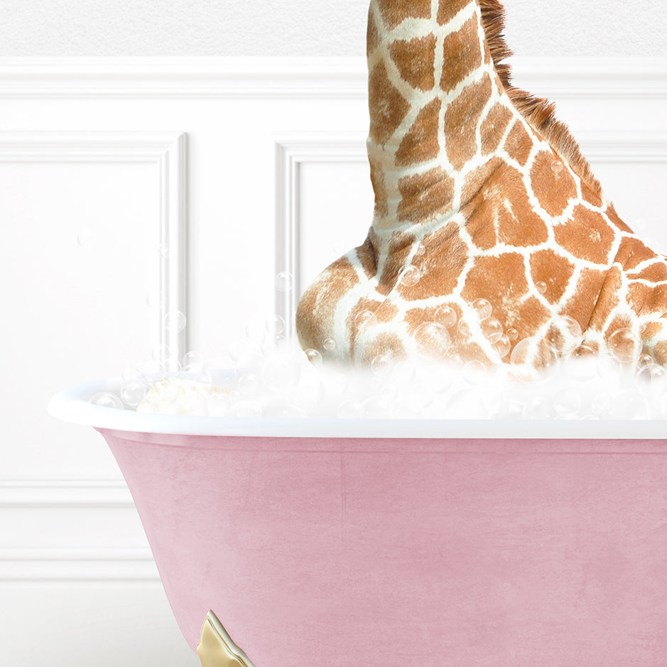 a giraffe sticking its head out of a bathtub