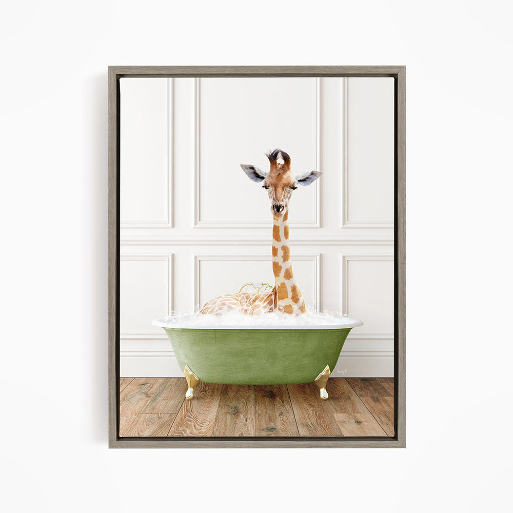 A giraffe is sitting in a green bathtub filled with water, creating a whimsical and playful scene.