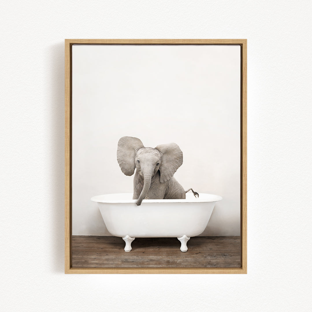 A gray elephant sitting in a white bathtub, with its trunk in the water.