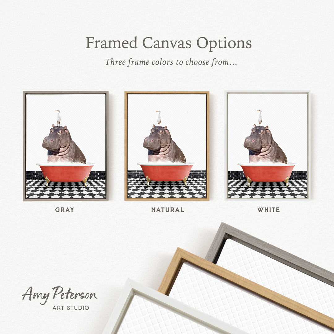 three framed canvas options, each featuring a different color of frame: gray, natural, and white. The image also includes a framed canvas option with a hippopotamus in a bathtub, and the text " Framed Canvas Options" is displayed above the options.
