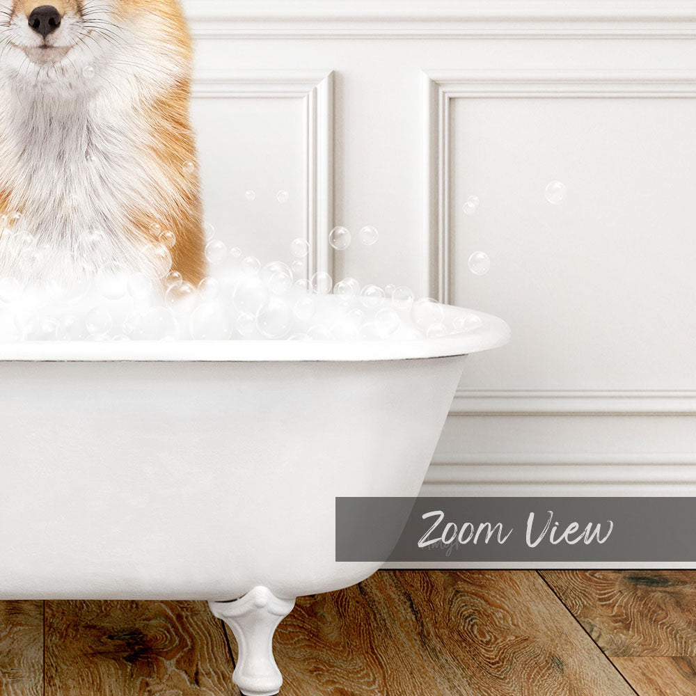 A fluffy dog is sitting in a white bathtub filled with bubbles, creating a playful and adorable scene.