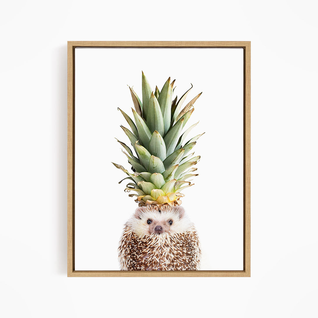 A hedgehog with a pineapple on its head, creating a whimsical and playful scene.