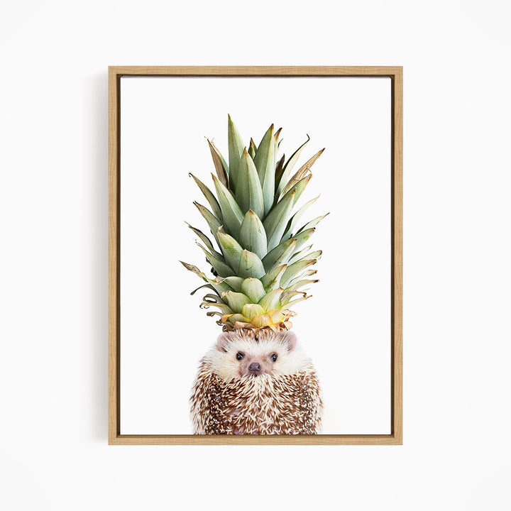 A hedgehog with a pineapple on its head, creating a whimsical and playful scene.