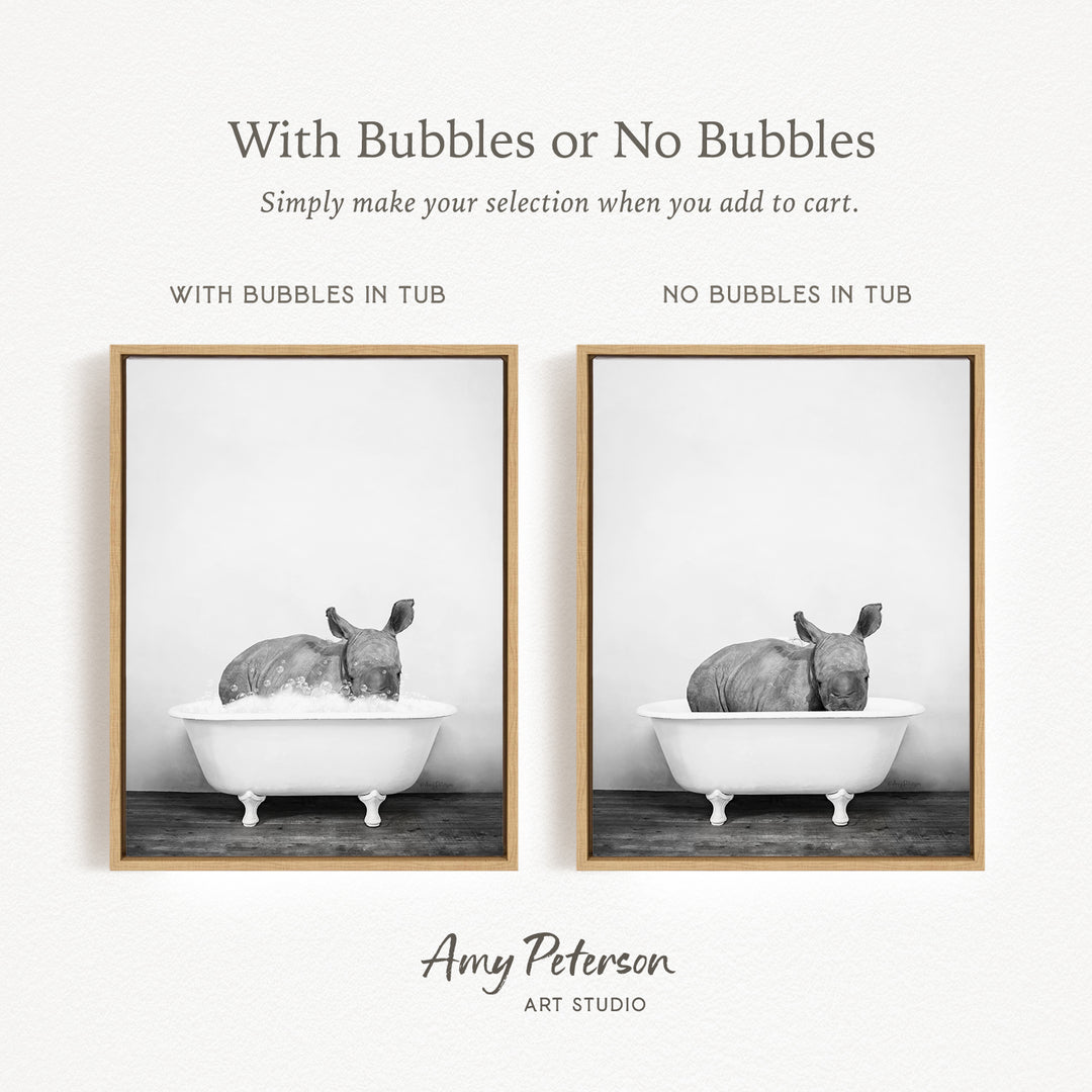 The image is a black and white photograph of a rhinoceros in a bathtub, with the text "With Bubbles or No Bubbles" above the images.