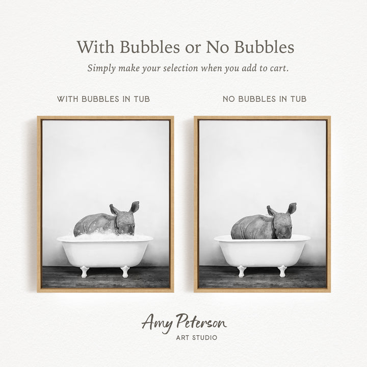 The image is a black and white photograph of a rhinoceros in a bathtub, with the text "With Bubbles or No Bubbles" above the images.