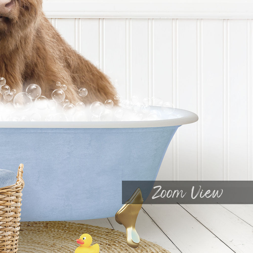 A brown dog is sitting in a blue bathtub filled with bubbles, surrounded by rubber ducks and a basket.
