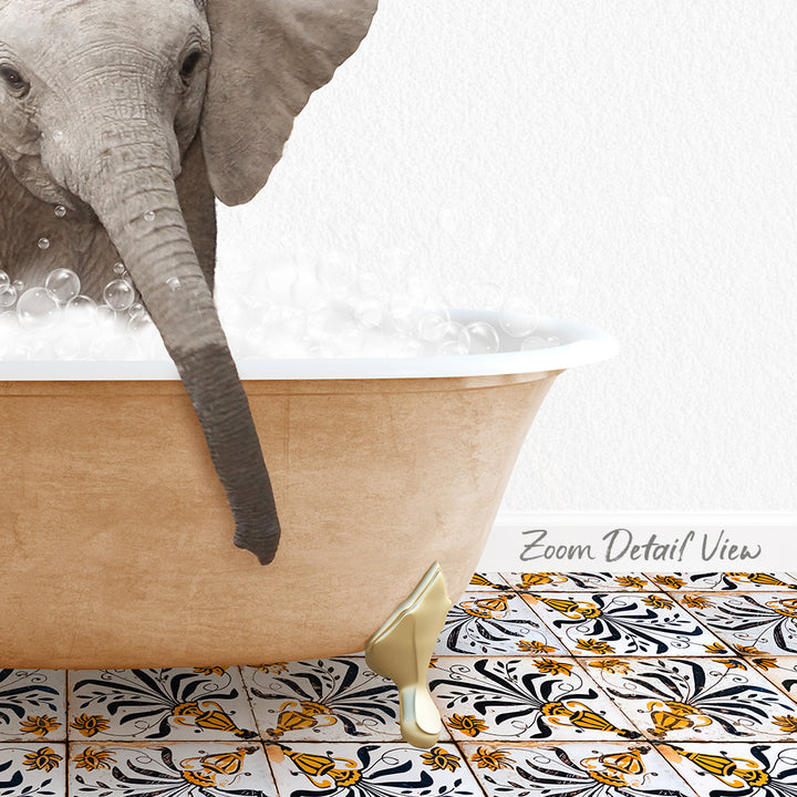 A gray elephant is standing in a bathtub filled with bubbles, with a patterned tile floor in the background.
