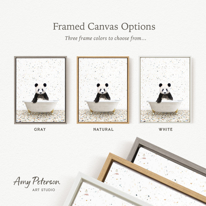 three framed canvas options featuring a panda bear in a bathtub, each with a different frame color: gray, natural, and white.