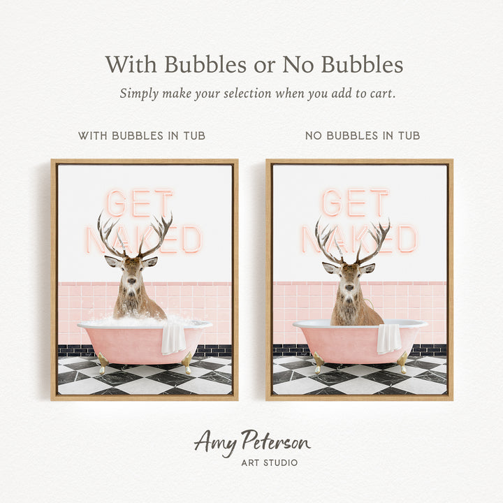 The image is a collage of two framed pictures featuring a deer sitting in a pink bathtub with the words "GET NAUNDED" written on it. The deer has antlers and is surrounded by a checkered floor and a pink and white bathroom setting.