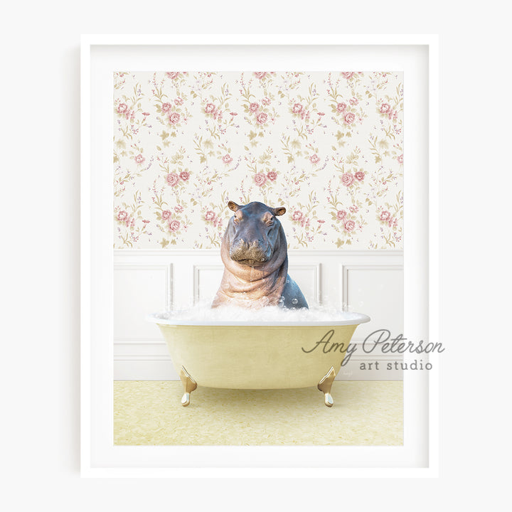 a hippo sitting in a bathtub with a flowered wallpaper behind it