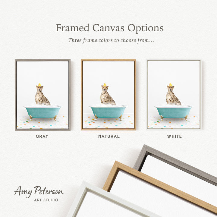 three framed canvas options featuring a cheetah sitting in a bathtub, each with a different frame color: gray, natural, and white.