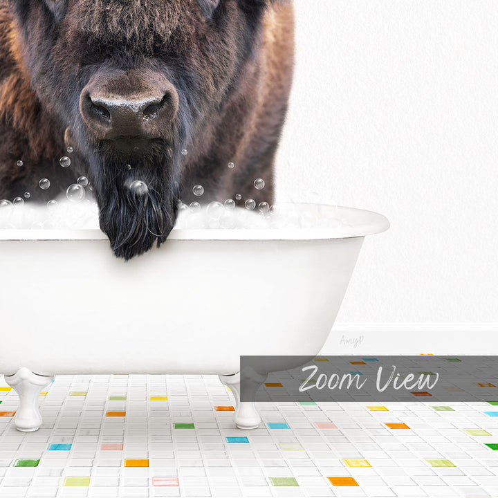 A close-up of a bison's head in a white bathtub filled with bubbles, with a colorful tiled floor in the background.