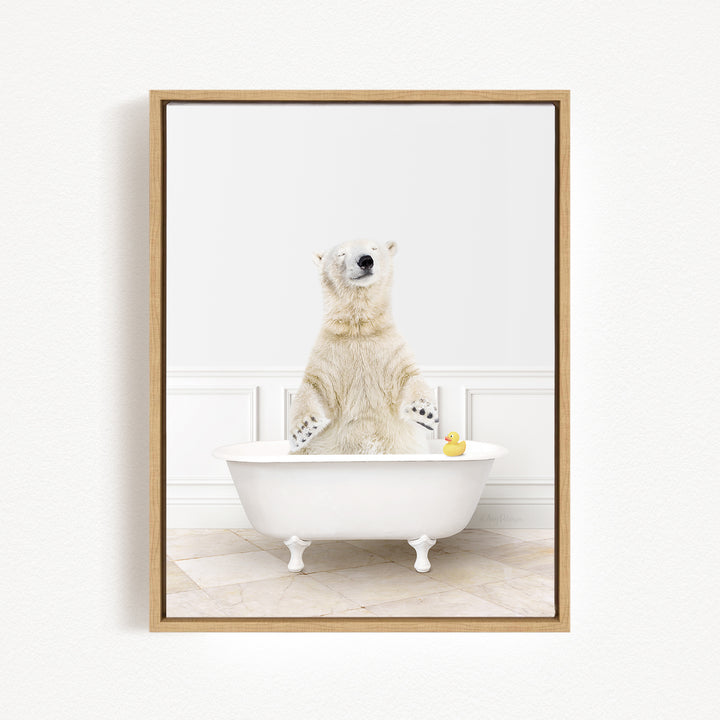 A polar bear standing in a white bathtub, with a rubber duck floating in the water.