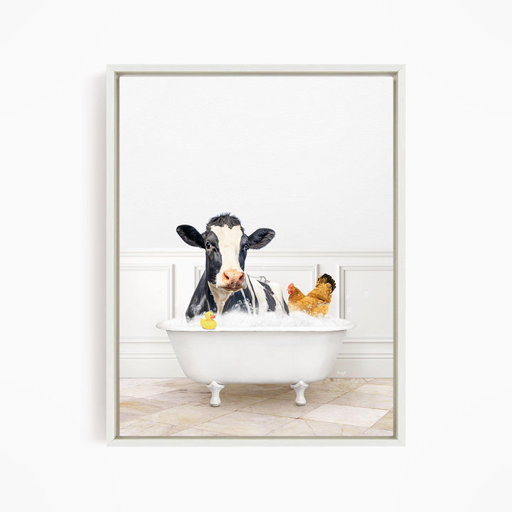 A black and white cow is sitting in a white bathtub, surrounded by a yellow rubber duck and a chicken, creating a whimsical and playful scene.