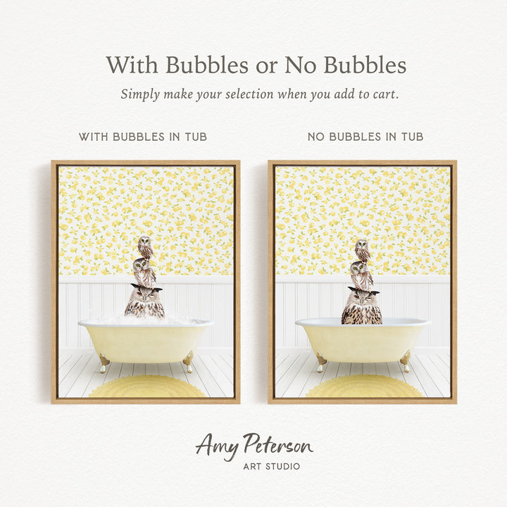 The image is a framed print featuring a bathroom scene with a bathtub and a figurine of a person sitting in it. The print has two different options for the presence of bubbles: one with bubbles and one without bubbles. The text above the print reads "With Bubbles or No Bubbles Simply make your selection when you add to cart."