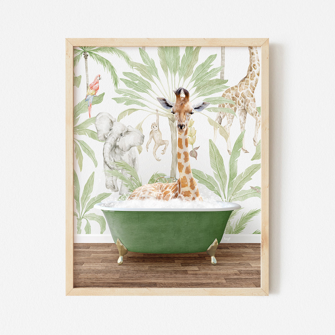 a giraffe is standing in a green bathtub