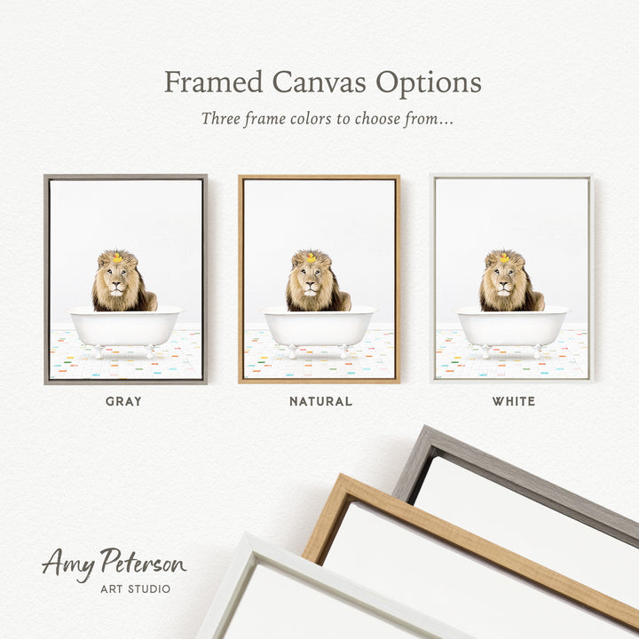 three framed canvas options, each featuring a lion sitting in a bathtub. The options include a gray frame, a natural frame, and a white frame.