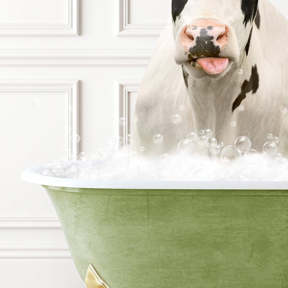 a cow sticking its head out of a bathtub filled with bubbles