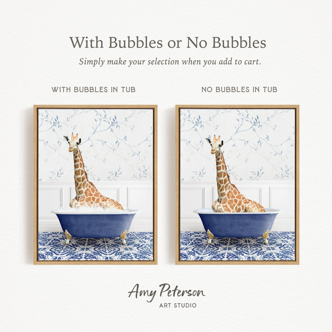 The image is a collage of two framed pictures, each depicting a giraffe sitting in a bathtub. The text above the images reads "With Bubbles or No Bubbles" and below the images, it says "Simply make your selection when you add to cart."