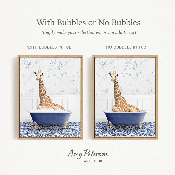The image is a collage of two framed pictures, each depicting a giraffe sitting in a bathtub. The text above the images reads "With Bubbles or No Bubbles" and below the images, it says "Simply make your selection when you add to cart."
