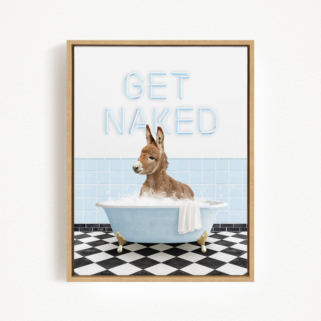 A donkey sitting in a bathtub with the text "GET NAKED" displayed above it.