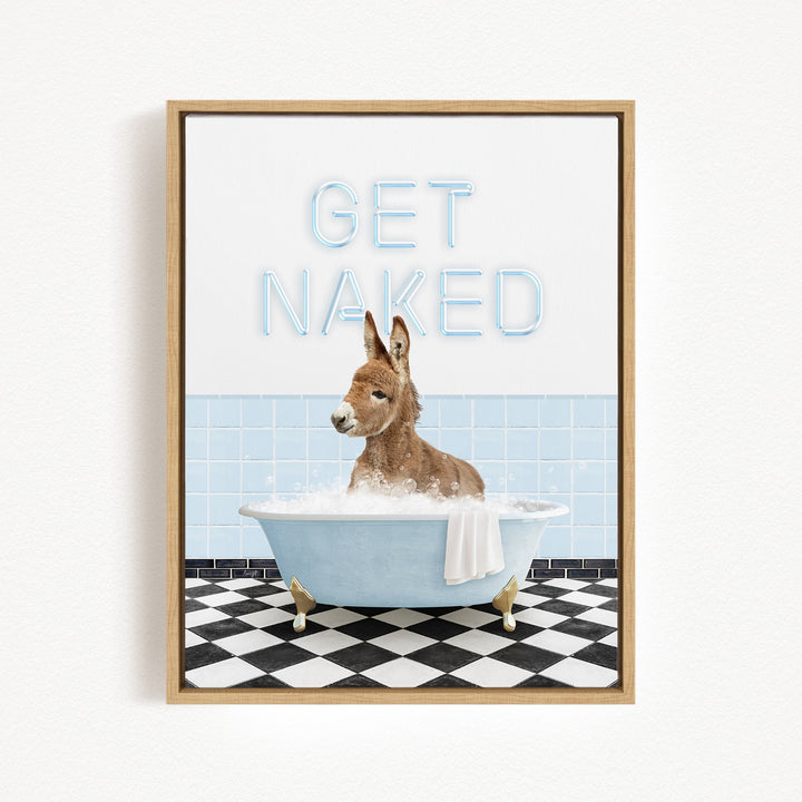 A donkey sitting in a bathtub with the text "GET NAKED" displayed above it.