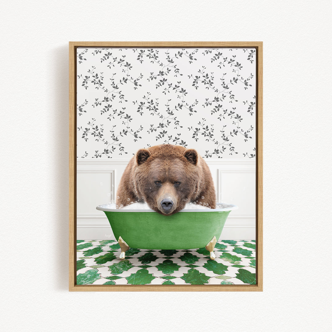 A brown bear is sitting in a green bathtub, surrounded by a patterned floor and a wall with a floral design.