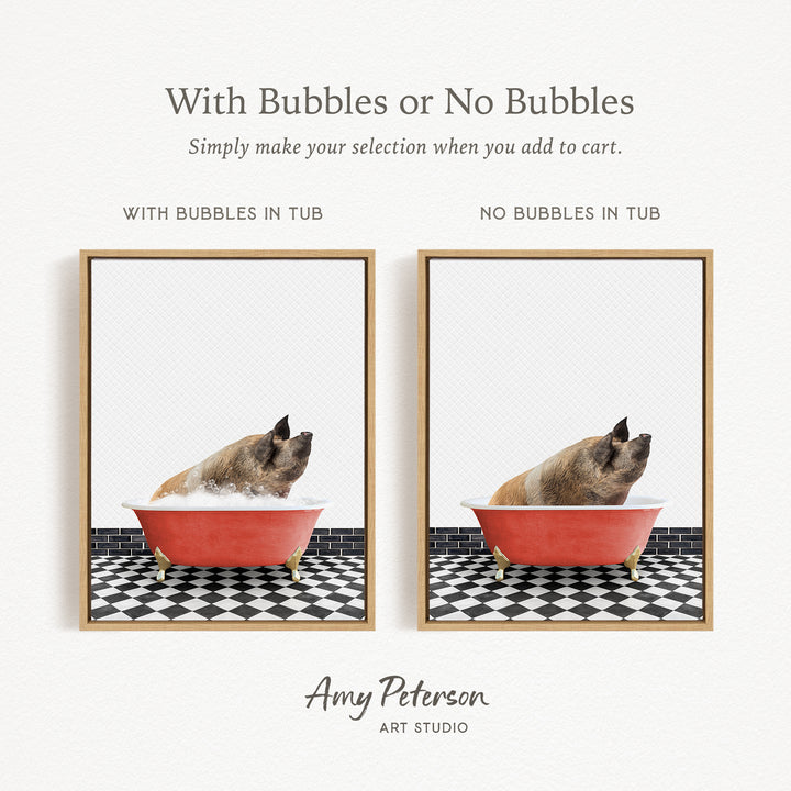 The image is a collage of two pictures, each featuring a dog sitting in a bathtub. The dog appears to be a pig, and the bathtub is red. The collage includes a text overlay that provides instructions on how to choose between "With Bubbles" and "No Bubbles" when adding to a cart.