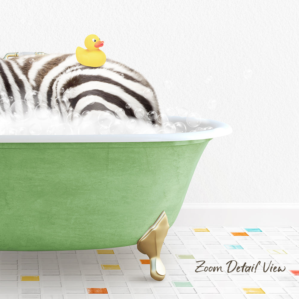 A zebra lying in a green bathtub with bubbles, accompanied by a rubber duck.