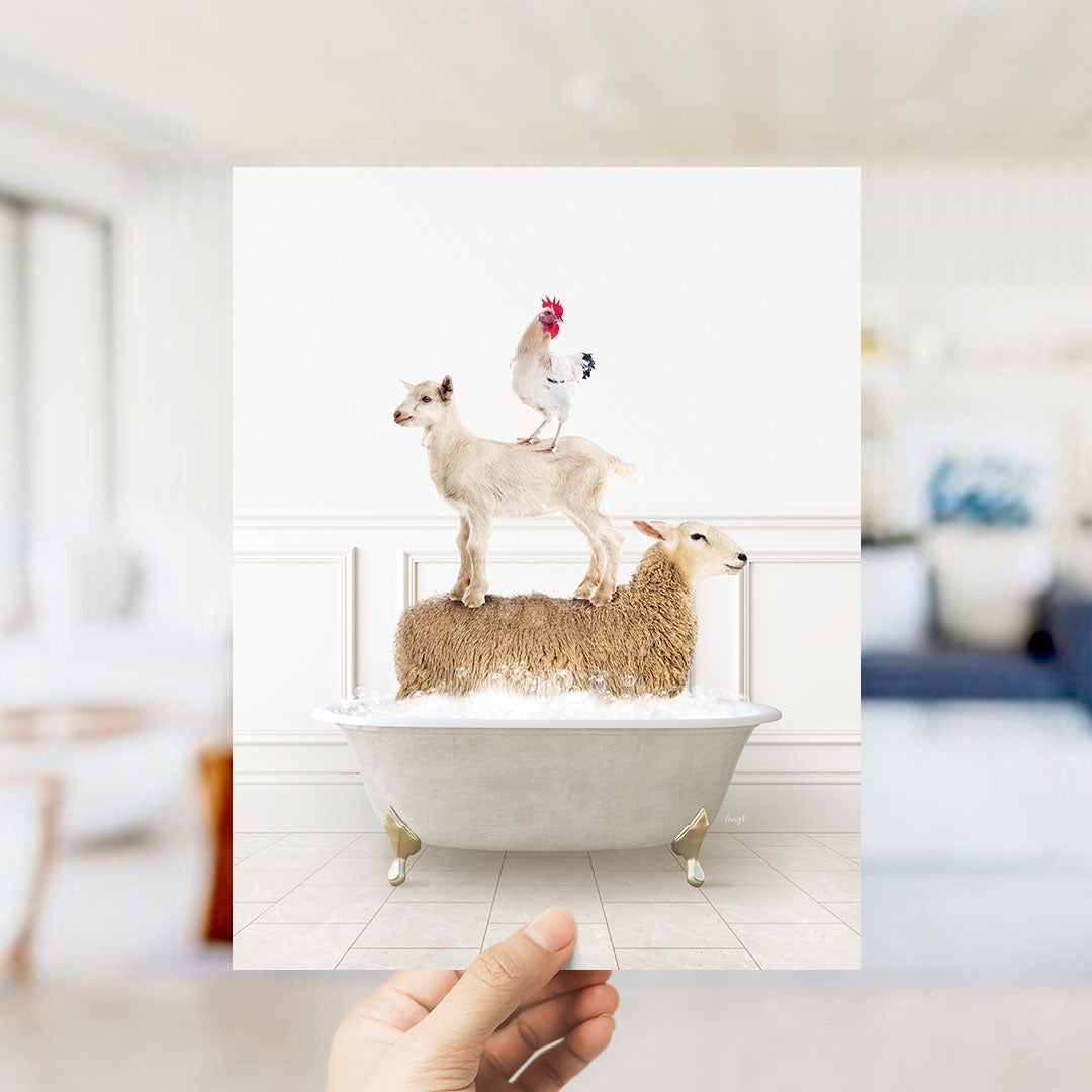 A hand holds up a framed image depicting a goat standing on a sheep's back in a bathtub, with a rooster perched on top of the sheep.