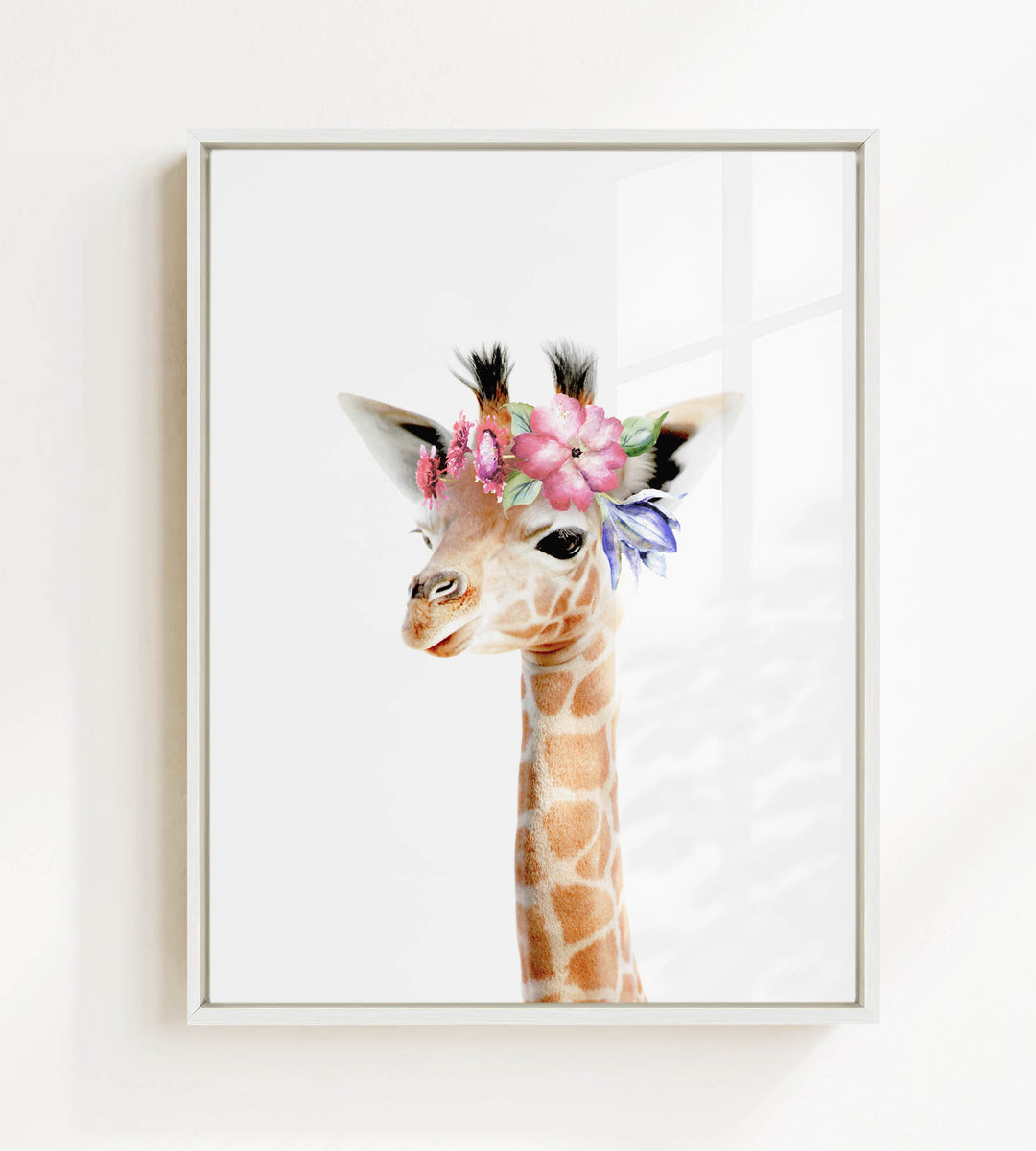 A giraffe wearing a flower crown is the central focus of the image.