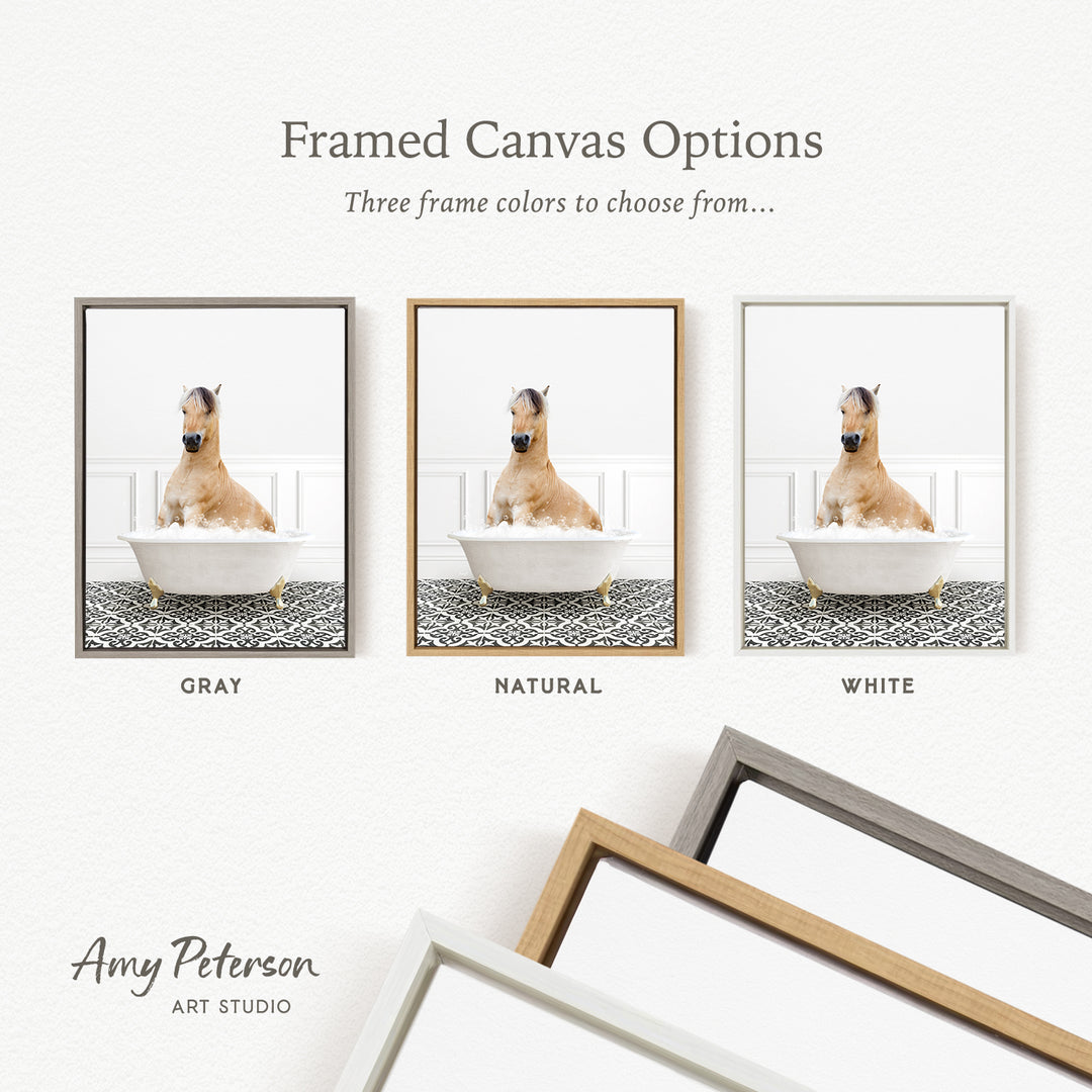 three framed canvas options, each featuring a dog sitting in a bathtub. The options include a gray frame, a natural frame, and a white frame.