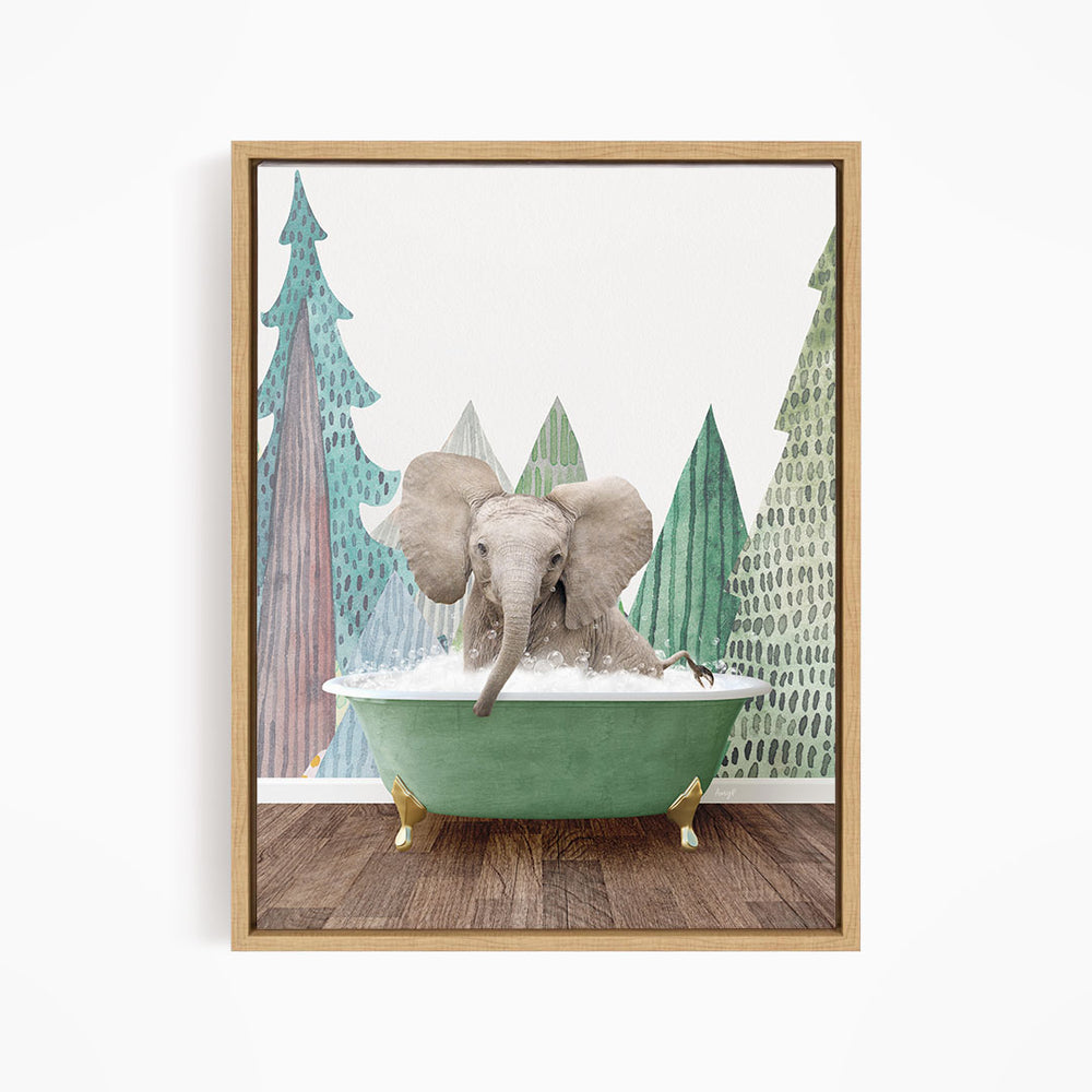 A gray elephant is sitting in a green bathtub, surrounded by a forest scene with trees and a snowy landscape.