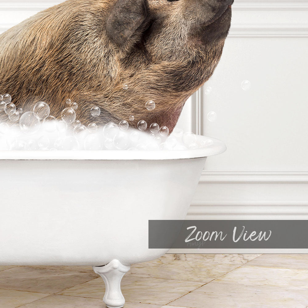 A pig is sitting in a white bathtub filled with bubbles, enjoying a bath.